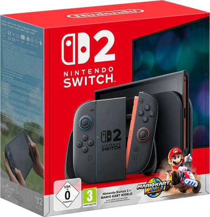 Frontansicht der Nintendo Switch 2 mit neon-blauen und neon-roten Joy-Con sowie Mario Kart 8 Deluxe Bundle-Verpackung