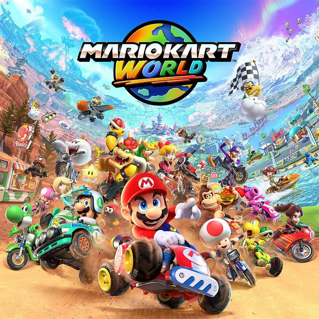 Mario Kart 8 Deluxe Cover – farbenfrohes Nintendo Switch Spiel mit Charakteren auf Rennstrecke